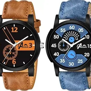 Acnos Polyurethane Analog Watch For Men Combo Pack Of 2 Brown And Blue Dial Formal Design, Brown Band