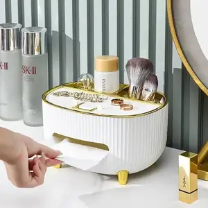 SRUNISH Elegant Tissue Box Holder, Tissue Box Cover Case Napkin, Tissue Holder Case for Office Home Decoration with Mobile Stand and Two compartments for Jewlery Makeup Brush (White)