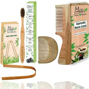 Mini Storify Truly Organic Mini Storify – Truly Natural & Organic Pack of 4 (Combo) – 1 Neem Beard Comb, 1 Neem Handle Comb, 1 Bamboo Adults Toothbrush, 1 Bamboo Tongue Cleaner | 100% Handmade, Anti- Dandruff