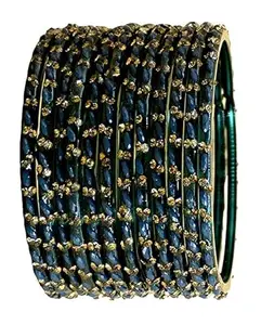 The Golden Cascade Peacock Color Glass Bangles Cutting with Studded Stone/Kanch Chudi Set for Women and Girls/Shivy (Peacock, Large 2-8)