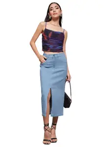 Visit the Miss Chase Store Miss Chase Women's Straight-Fit High-Rise Stretchable Denim Midi Skirt