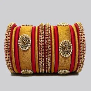 pratthipati's Hand Craft Silk Thread Bangles With Kundan Stones Chuda Bangle Set (Gold-red-2) (Size-2/2)