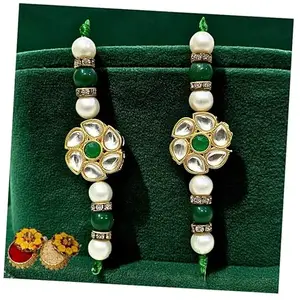 LOVEYORA Kundan Pearl Rakhi Set for Bhaiya Bhabhi, Traditional Designer Floral Pattern with Green Stones and White Pearls, Set of 2 Rakhis with Roli Chawal
