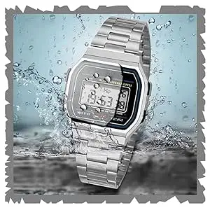 Sunrise Premium Luxury Store Vintage Digital Watch with Stainless Steel Band, LCD Display, Silver Metal Case, Classic Retro Style, Electronic Digital Display