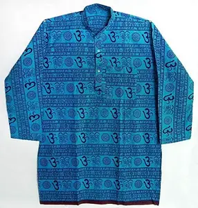 Full Sleeve Short Om Printed Straight Kurtas Kurta Pure Cotton Kurta for Men's (Free Size, Blue)