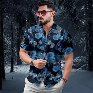 Men's Floral Print Short Sleeve Shirt, Blue Flowers on Black, Casual Button-Down Design (in, Alpha, M, Regular, Blue)