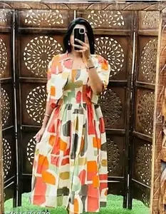 M Fashion Women's Cotton A-Line Midi Dress with Shrug, Printed Knee Length Dress, One Piece with Jacket