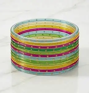 Raahive Multicolor Glass Bangles Set for Women | Gold Stone Studded Designer Chooda | Traditional Bridal, Wedding & regular wear (Set of 12)