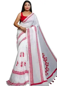 Traditional White Cotton Saree with Red Floral Print, Temple Border Design, Handloom Weave
