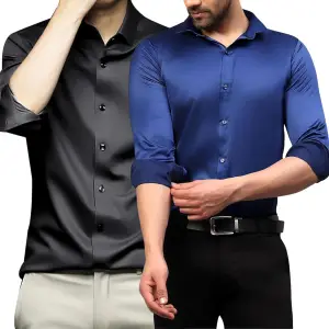 Visit the DEELMO Store DEELMO Combo of Men's Stylish Solid Satin Casual Shirt for Men Full Sleeves| Poly Satin Silk Shirt Pack of 2