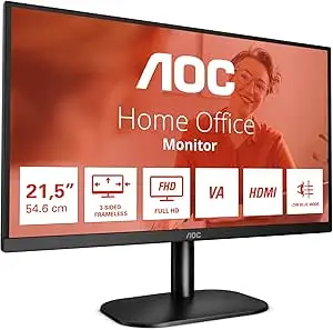 AOC 22B2H - 22 Inch FHD Monitor, 75Hz, VA, 7ms Frameless Design, Tilt, low Mode (1920 x 1080 @ 75Hz, HDMI/VGA)