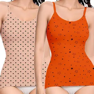 MYO Women’s Printed Cotton Camisole Top – Stylish Sleeveless Spaghetti Tank, Trendy Crop Vest for Girls & Ladies, Summer Casual Wear,Comfortable Regular Wear-Pack of 2