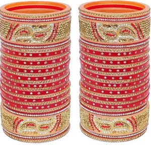 Lucky Jewellery Bridal Bangle Set Red Chura Golden White & Red Stone Choora Designer Chuda For Women (1188-M1C1-723-R210)
