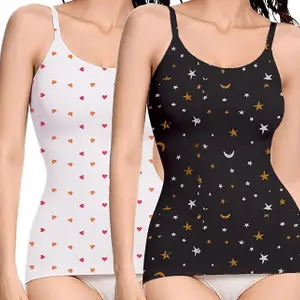 MYO Women’s Printed Cotton Camisole Top – Stylish Sleeveless Spaghetti Tank, Trendy Crop Vest for Girls & Ladies, Summer Casual Wear,Comfortable Regular Wear-Pack of 2