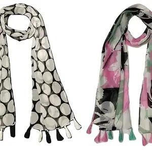Women's Printed Chiffon Multicolored Scarf and Stoles with Tassels - Set of 2 (ST028)