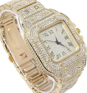 Luxury Square Crystal Rhinestone Watch, Gold-Plated Band, Roman Numeral Display, Glitter Diamond-Style Face