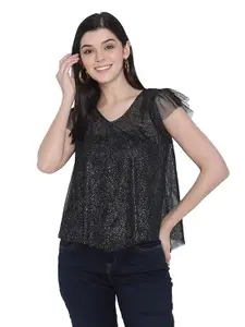 Womens Polyester Mesh Sheer Navy Blue Top
