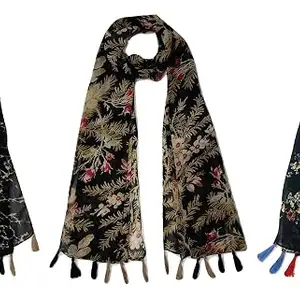 Women's Printed Poly Cotton Multicolored Scarf and Stoles with Pearl Tassels Set Of 3 (ST226)