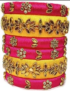 HABSA HABSA Hand Craft Silk Thread Kundan Stones Bangle Set for Women & Girls (Pack of 6) Pink-Yellow (2.8)