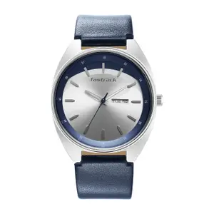 Visit the Fastrack Store Fastrack Snob X Quartz Analog with Day & Date Silver Dial Blue Leather Strap Watch for Guys - 3292SL01
