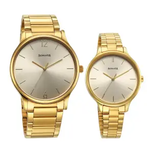 Visit the Sonata Store Sonata Pair Quartz Analog Champagne Dial Stainless Steel Strap Watch for Couple_7710587050YM01