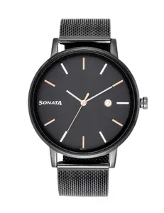 Visit the Sonata Store Sonata Quartz Analog with Date Black Dial Black Stainless Steel Strap Watch for Couple - NT713187029NM01