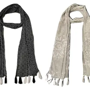 Women's Printed Chiffon Multicolored Scarf and Stoles with Tassels - Set of 2 (ST146)