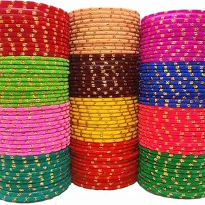 Traditional Glass Bangles Set, 12 Colors with Gold Glitter Pattern, Multicolour, (Size-2.4)