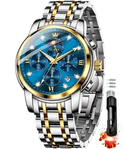 Visit the OLEVS Store OLEVS Chronograph Watches for Men Original Analog Quartz Black Stainless Steel Chain Luxury Dual Time Zone Moon Phase Date Waterproof Men's Wrist Watch