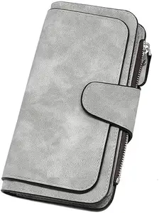 SOCHEP Ladies Purse, Vegan Women's Wallet Large Tri-fold PU Leather Purses with Multiple Card Slots and Roomy Compartment Grey