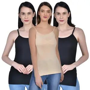 Aimly Women's Cotton Sleeveless Side Slit Camisole Slip Spaghetti - Pack of 3