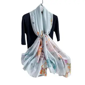 MALINA Floral Print polyester Silk Satin Stole, Light Blue with Multi-Colour Pattern, Lightweight Fashion Scarf,Women Stole,Blue Dupatta