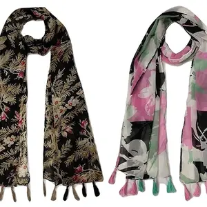 Women's Printed Chiffon Multicolored Scarf and Stoles with Tassels - Set of 2 (ST047)