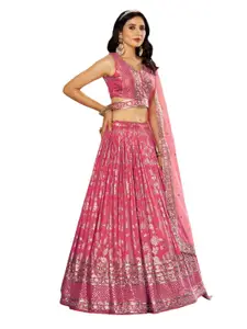 Visit the Zeel Clothing Store Zeel Clothing Women Dola Silk Semi stitched Sequins Zari Embroidered Jacquard Lehenga Choli With Dupatta (7100-Latest, Free size)