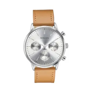 Visit the Sonata Store Sonata Quartz Multifunction Silver Dial Brown Leather Strap Watch for Men