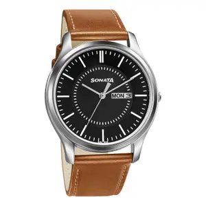 Visit the Sonata Store Sonata Essentials Quartz Analog with Day and Date Black Dial Tan Leather Strap Watch for Men - NT77082SL08W