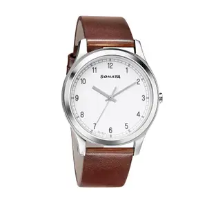 Visit the Titan Store Sonata Quartz Analog White Dial Brown Leather Strap Watch for Men - NT7135SL03