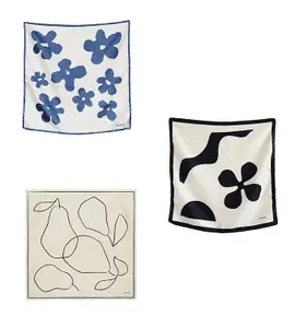 Ciroq Women's Floral Geometric Drawing Printed Square New York Style Satin Head Scarf - Neck Scarf (22"x22") (3-Piece Set)