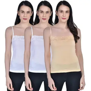 Aimly Women's Cotton Lace Spaghetti Slip with Transparent Strap Camisol Pack of 3