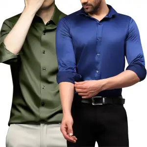 Visit the DEELMO Store DEELMO Combo of Men's Stylish Solid Satin Casual Shirt for Men Full Sleeves| Poly Satin Silk Shirt Pack of 2