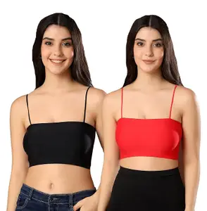 Women Pack of 2 Lightly Padded Camisole Spaghetti Strap Seamless Bralette (Removable Pads) Stretchy Wire Free Crop Tank Top