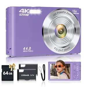 SMARTKLIK 2025 Upgrade Digital Camera, 4K 44MP Compact Point and Shoot Camera for Teens, 16x Zoom, 64GB SD Card