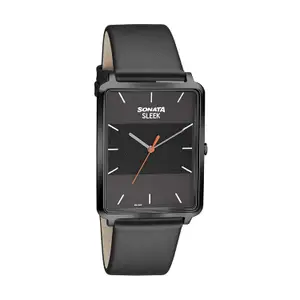 Visit the Sonata Store Sonata Sleek Quartz Analog Black Dial Black Leather Strap Watch for Men - NT7144NL01