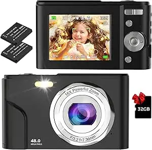 Digital Camera, Autofocus Vlogging Camera FHD 1080P 48MP with 16X Digital Zoom, Compact Camera Portable Mini Camera for Teens,Kids,Adult,Beginners?Black?