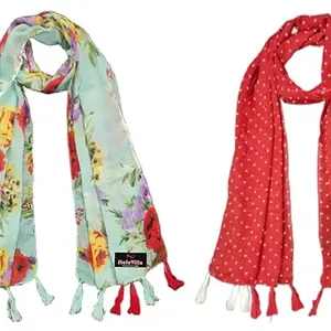Women's Printed Poly Cotton Multicolored Scarf and Stoles with Tassels Set Of STF013