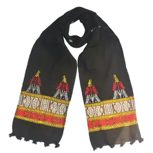 Brand : Karbi Muffler/Scarf/Stole or Poho is worn around the head or used as a muffler.Handwoven in Black colour with different design in borders. Size : LxB (165x20) cm.