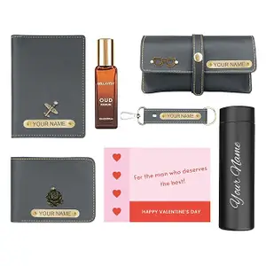The Wallet Store Personalized Travel Love Gift Hamper for Men 6 in 1 Gift Set | Romantic Valentine’s Day Gift for Boyfriend Husband | Love Anniversary Birthday Gift for Him (Grey)