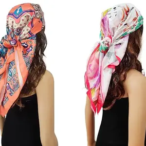 Satin Silk Scarf for Women Lightweight Fashion Scarves, Wrap in Print Floral Pattern, Pack of 2 (White & Peach and Boho Orange)