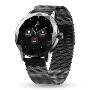 Visit the Pebble Store Pebble Vienna Smartwatch with HD Display, Diamond-Cut Design, Glossy Metallic Finish, Mesh Metal Strap, Female Health Monitoring, DIY Watch Faces - Classic Black