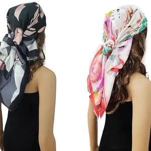 Satin Silk Scarf for Women Lightweight Fashion Scarves, Wrap in Print Floral Pattern, Pack of 2 (White & Peach and Black Rose)